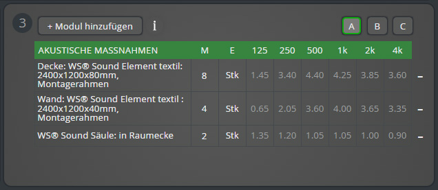 Akustische Maßnahme A Akustikrechner Eingabemaske Akustikelemente