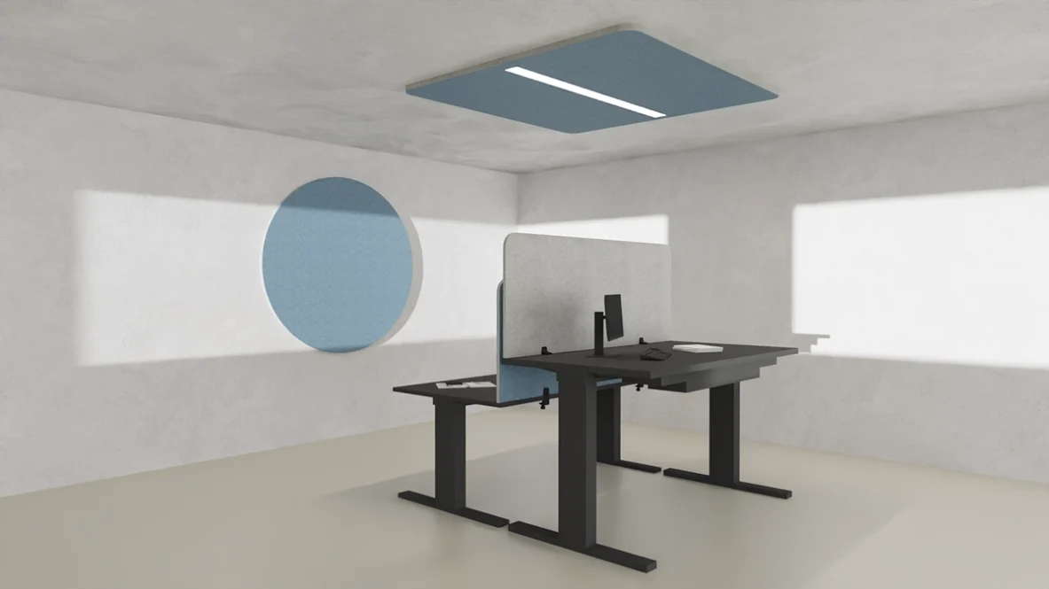 WS® Sound Tischtrennwand, Deckensegel und Wandsegel Akustisch gestalteter Raum mit hochwertigen Materialien und Oberflächen