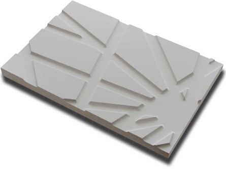Handmuster virtuell VID203 Handmuster einer weißen virtuell® 3D-Relief-Platte VID 203 mit geometrischen Reliefelementen