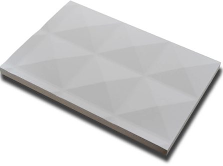 Handmuster virtuell VID406 Handmuster einer weißen virtuell® 3D-Relief-Platte VID 406 mit geometrischer Reliefstruktur