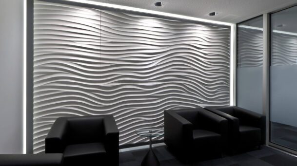 Wartebereich mit Wandgestaltung aus virtuell® 3D-Relief-Platten