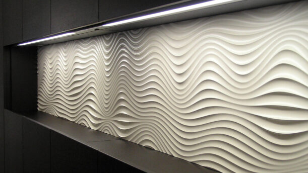 Detailaufnahme einer Küchenrückwand mit virtuell® 3D-Relief-Elementen